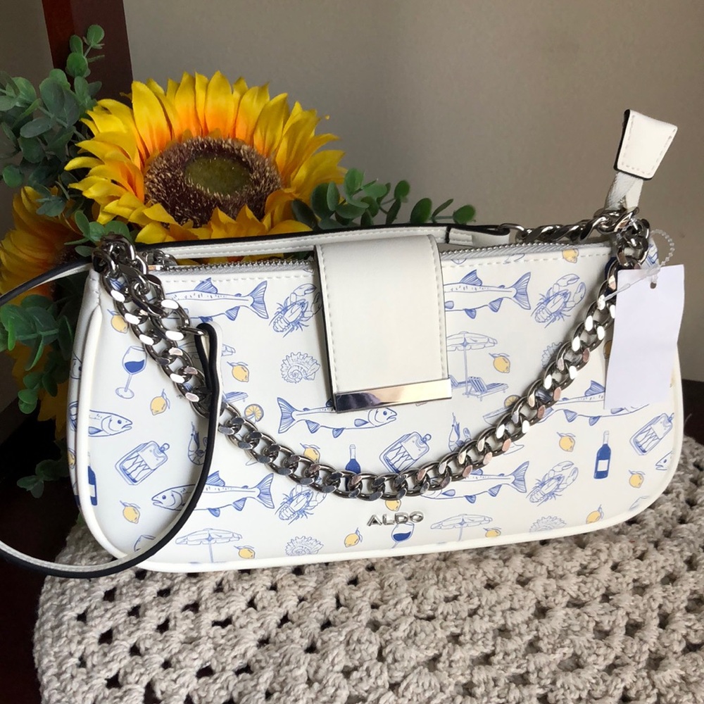 ALDO White Shoulder Bag with Blue Nautical Print and Yellow Accents